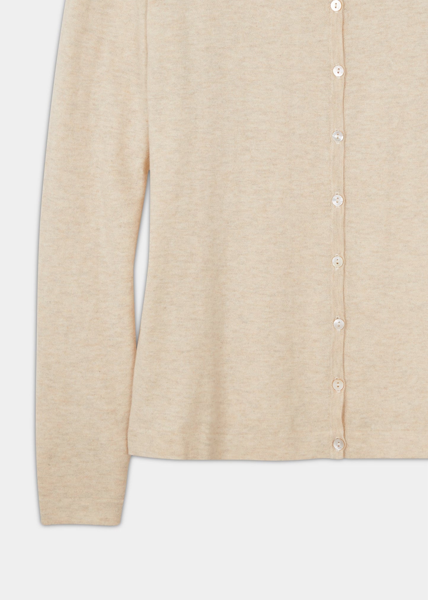 ladies cotton cashmere cardigan in colourway sand with a crew neck