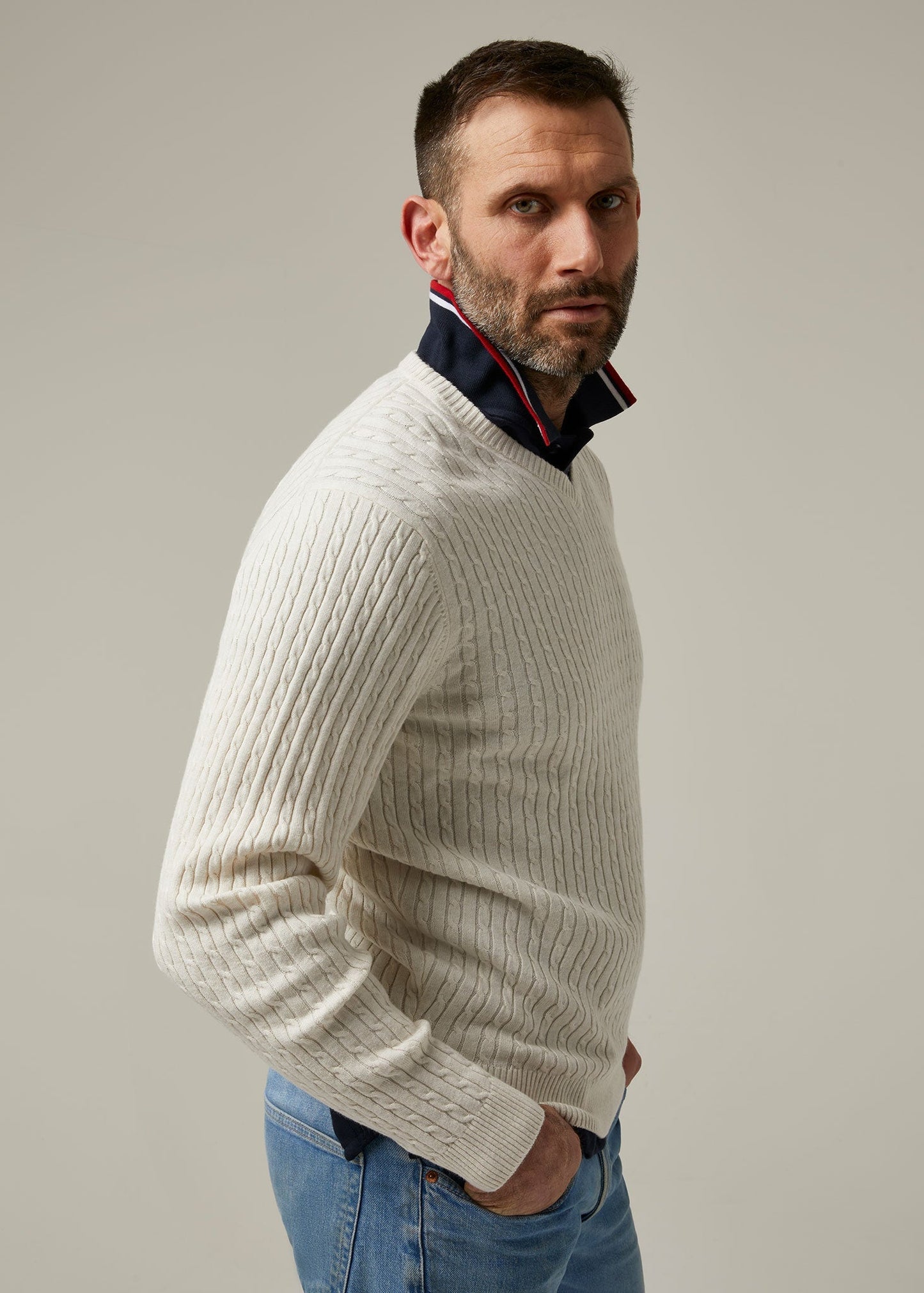 Elmstone Cable Vee Neck Jumper in Blonde & Dark Navy