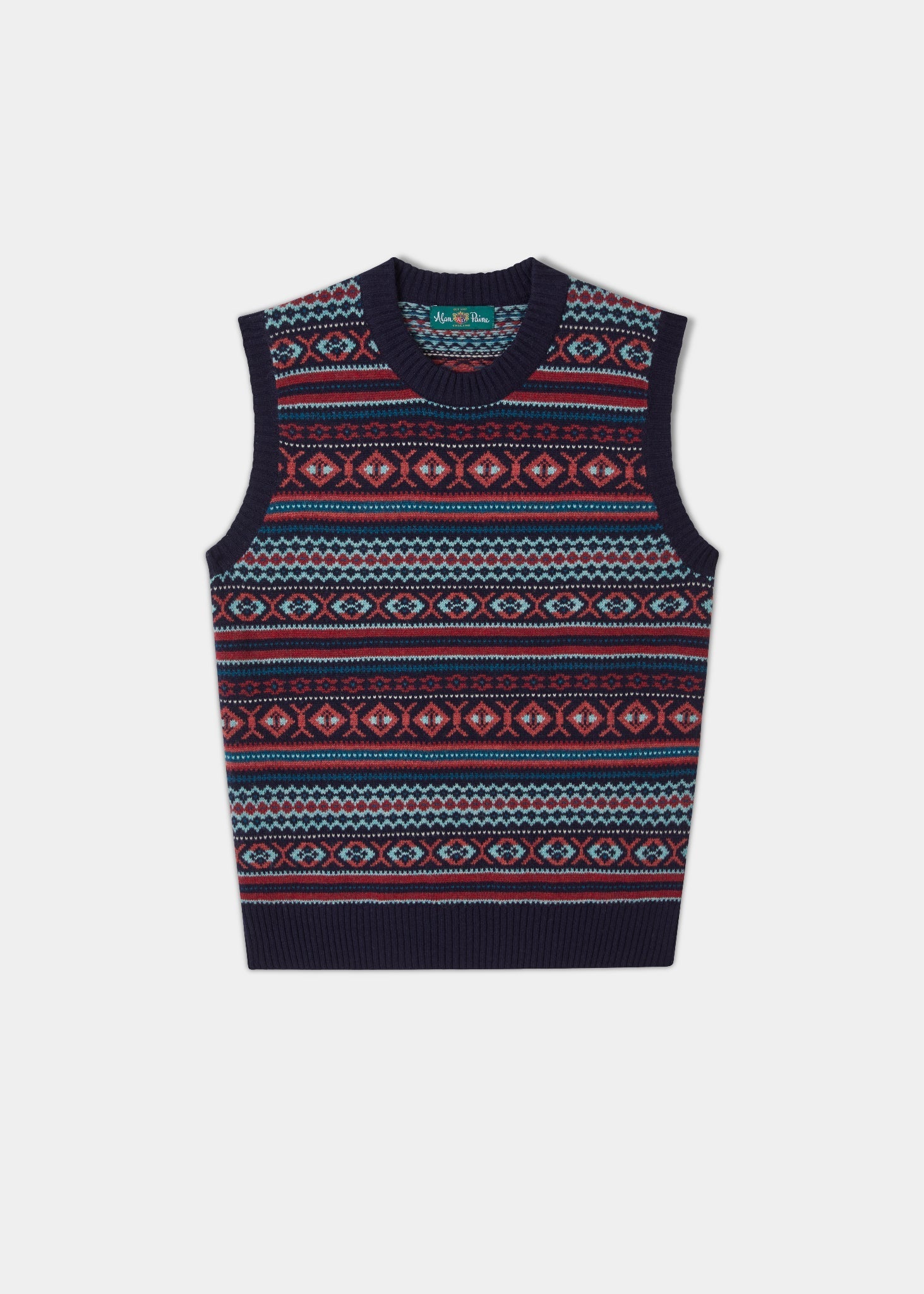 Amelia Ladies Fair Isle Sleeveless Crew Neck Jumper In Navy