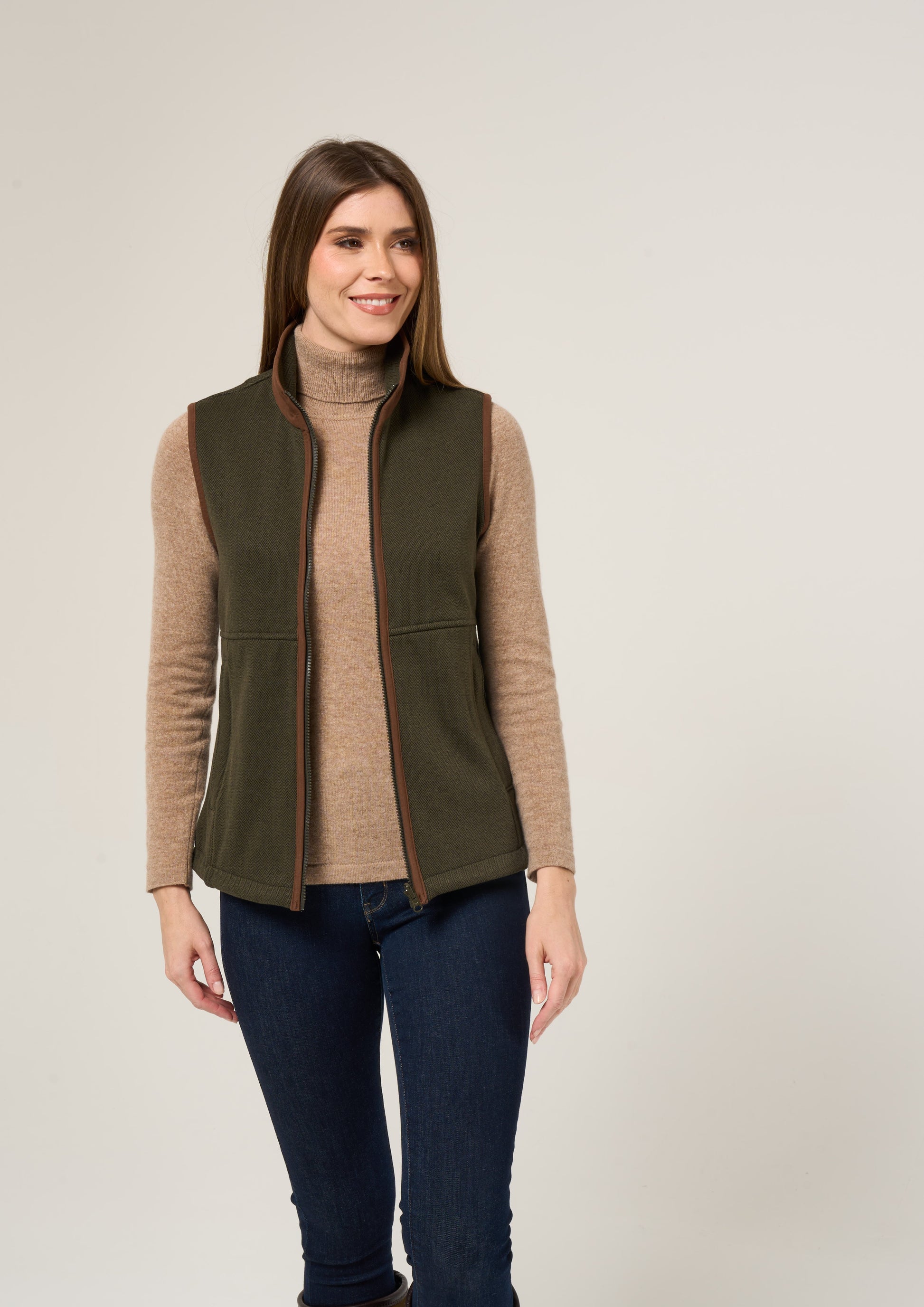 Aylsham Ladies Fleece Gilet In Green Herringbone