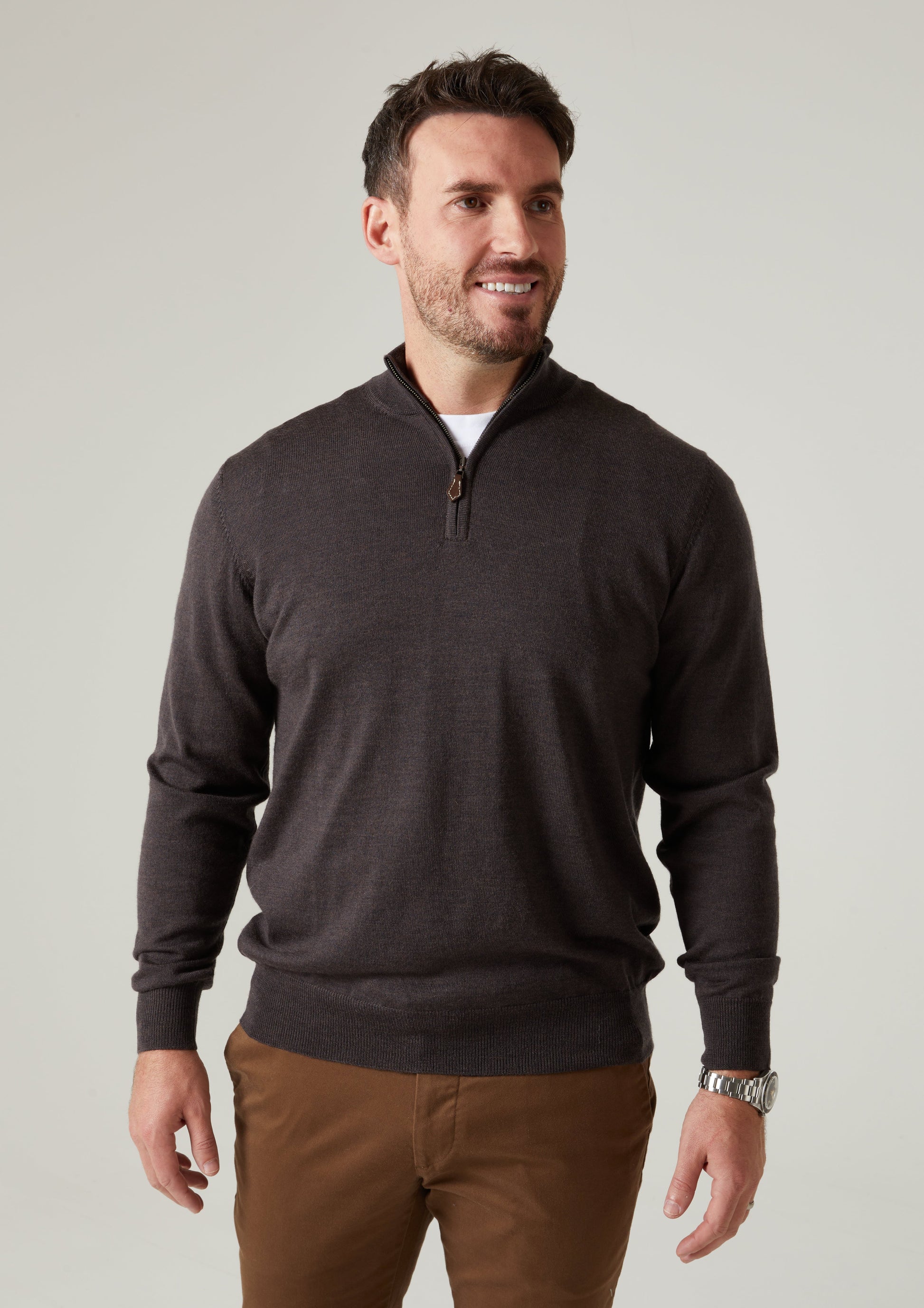 Barton Merino Wool 1/4 Zip Mock Jumper in Dark Brown