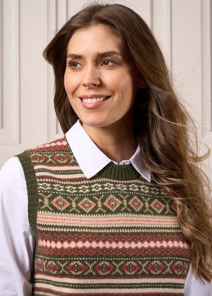 Amelia Ladies Fair Isle Sleeveless Crew Neck Jumper In Thyme