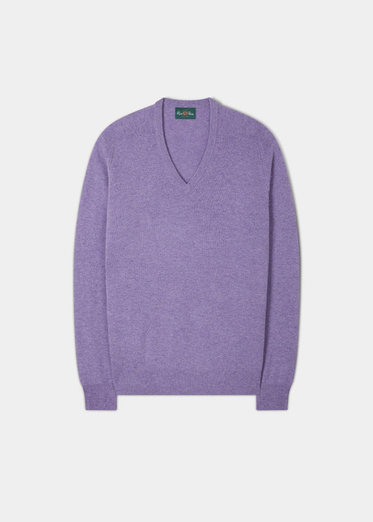 Men's Lambswool Vee Neck Jumper in Violet - Classic Fit