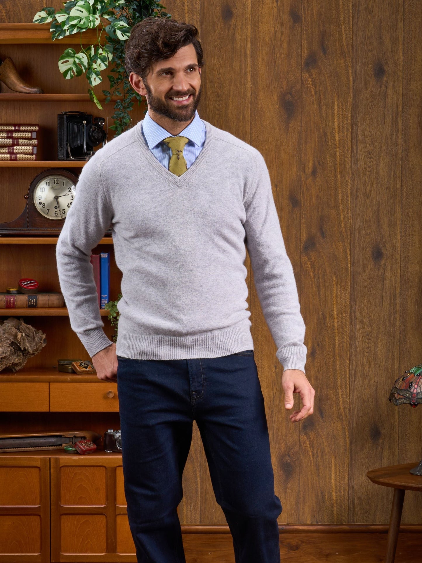 Men's Lambswool Vee Neck Jumper in Light Grey Mix - Classic Fit