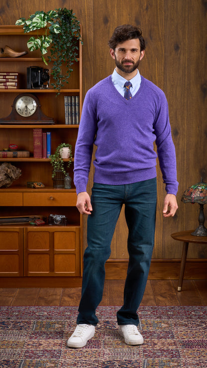 Lambswool Vee Neck Jumper in Purple