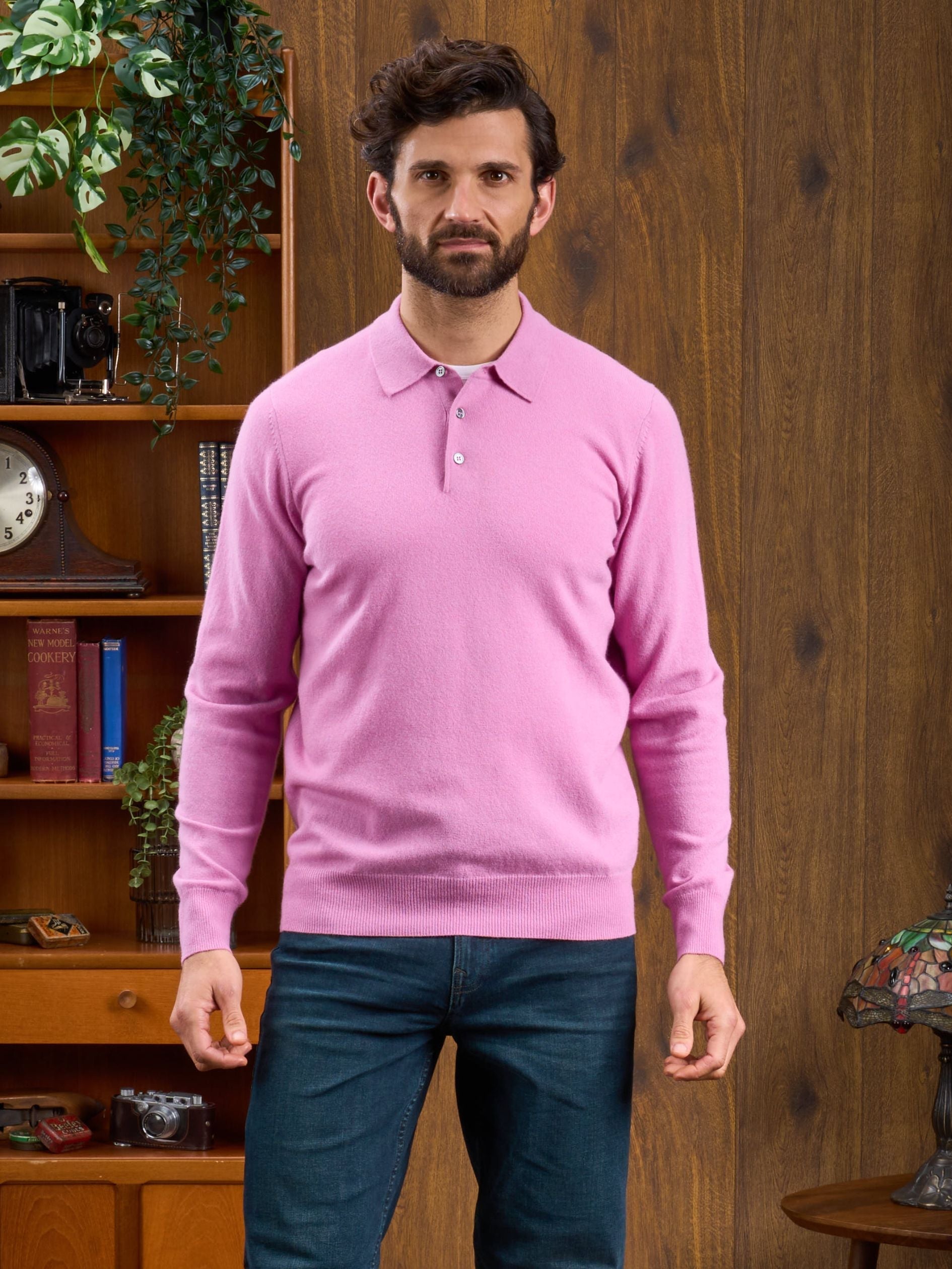 Geelong Wool Long Sleeve Polo Shirt in Pink Haze