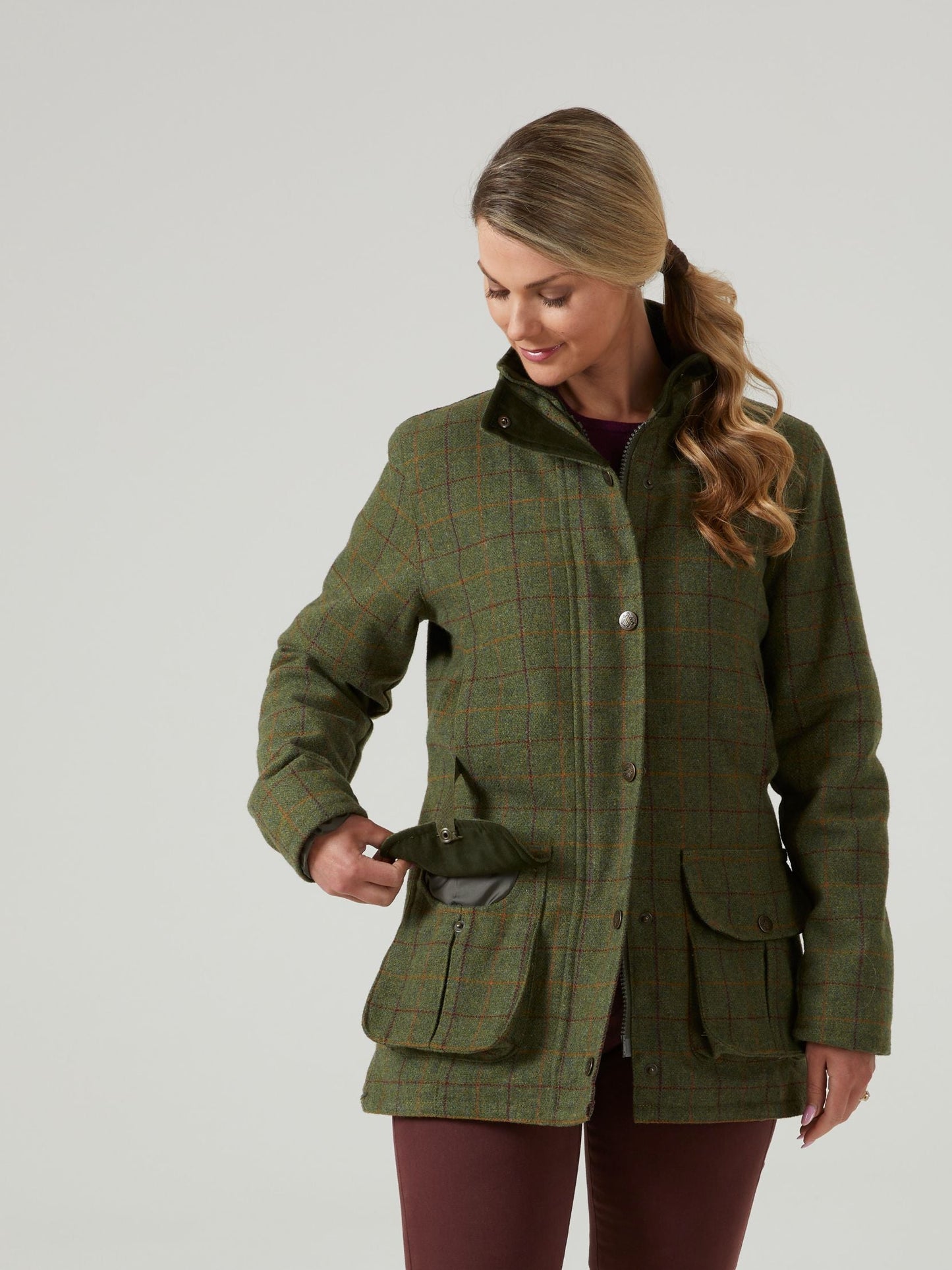 Rutland Ladies Tweed Waterproof Shooting Coat In Pine