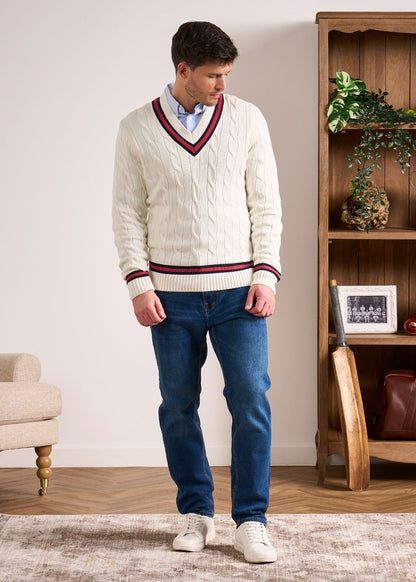 Sandridge Cable Knit Cricket Jumper In Ecru & Cherry