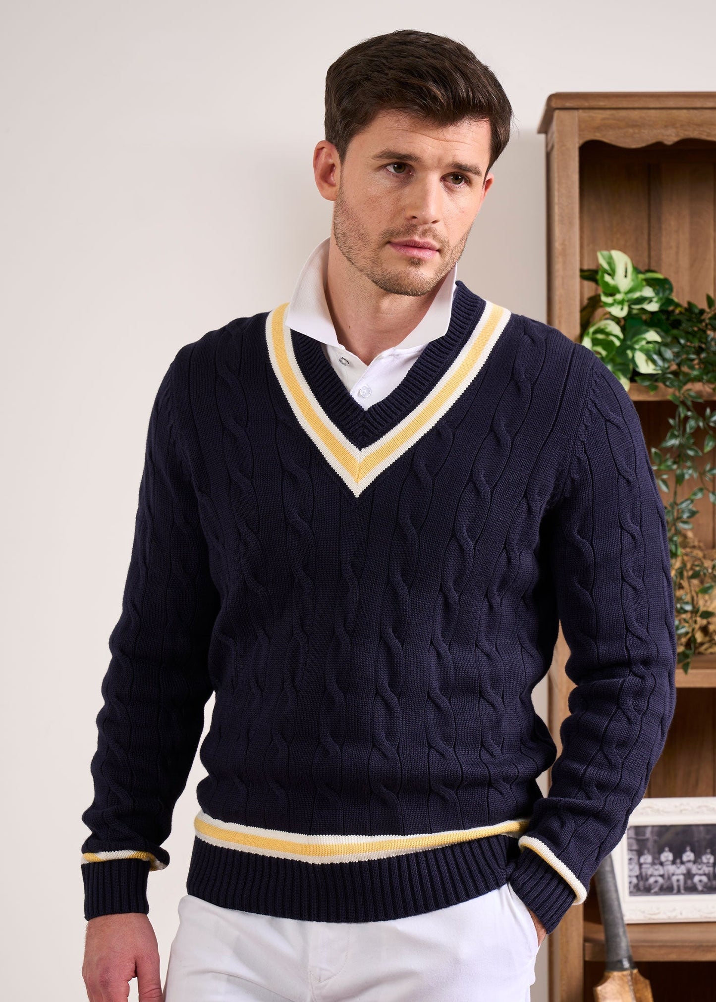 Sandridge Cable Knit Cricket Jumper In Dark Navy & Sun