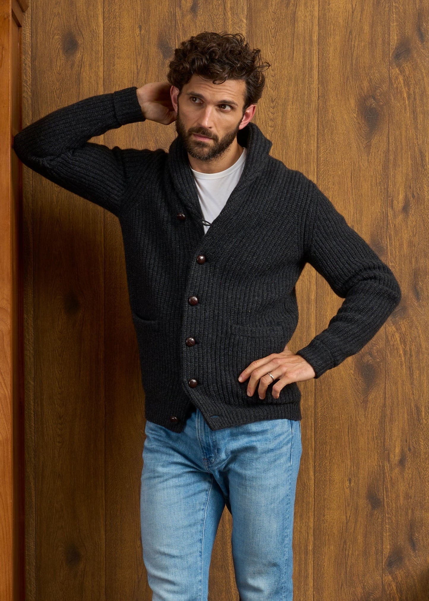 Usworth Men's Shawl Collar Lambswool Jumper In Charcoal 