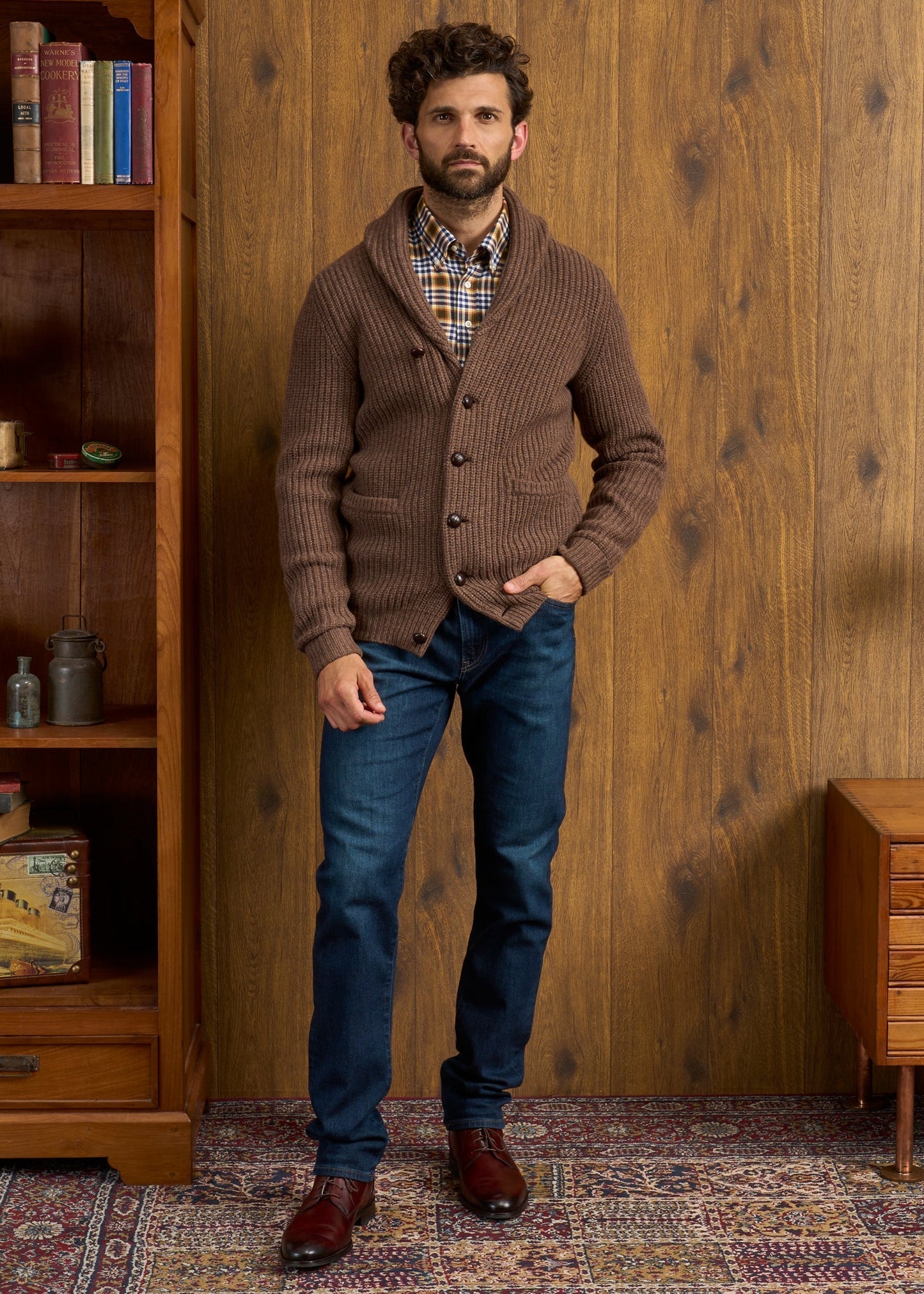 Usworth Men's Shawl Collar Lambswool Jumper In Tobacco