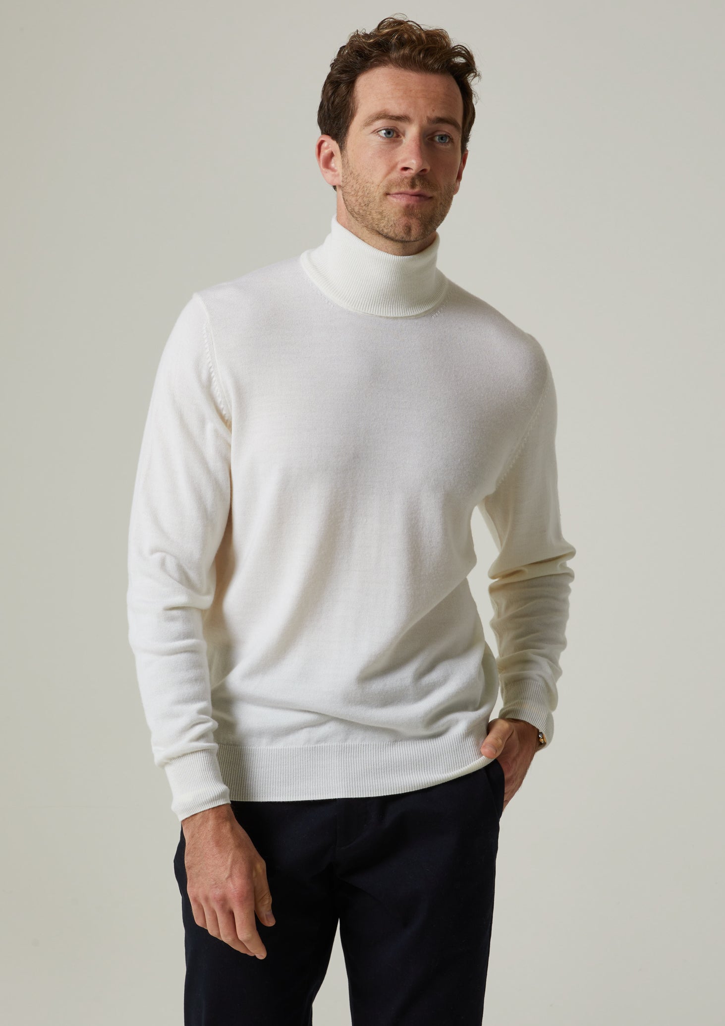 Linton Merino Wool Roll Neck Jumper in Ecru 