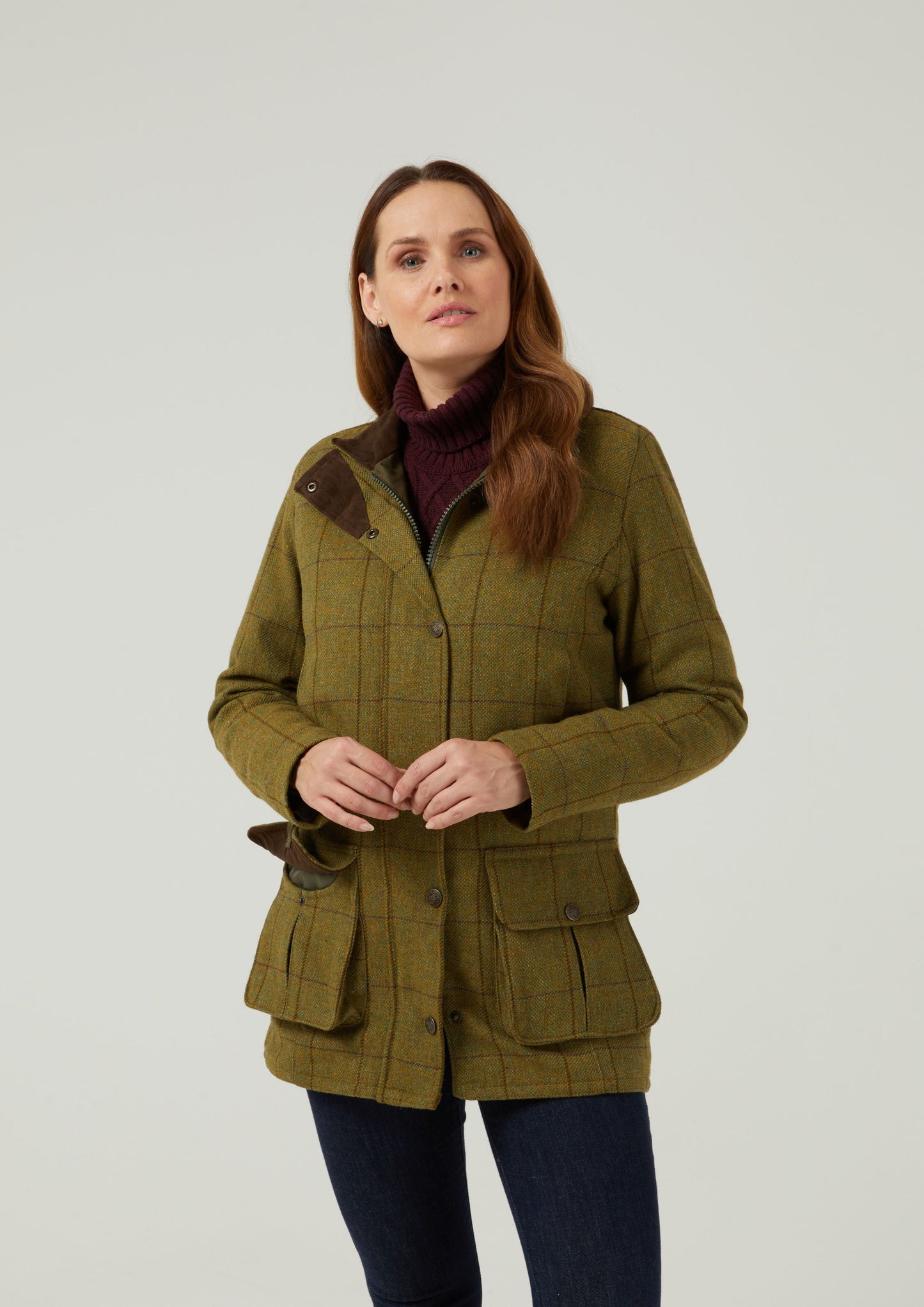 Rutland Ladies Tweed Waterproof Shooting Coat In Lichen