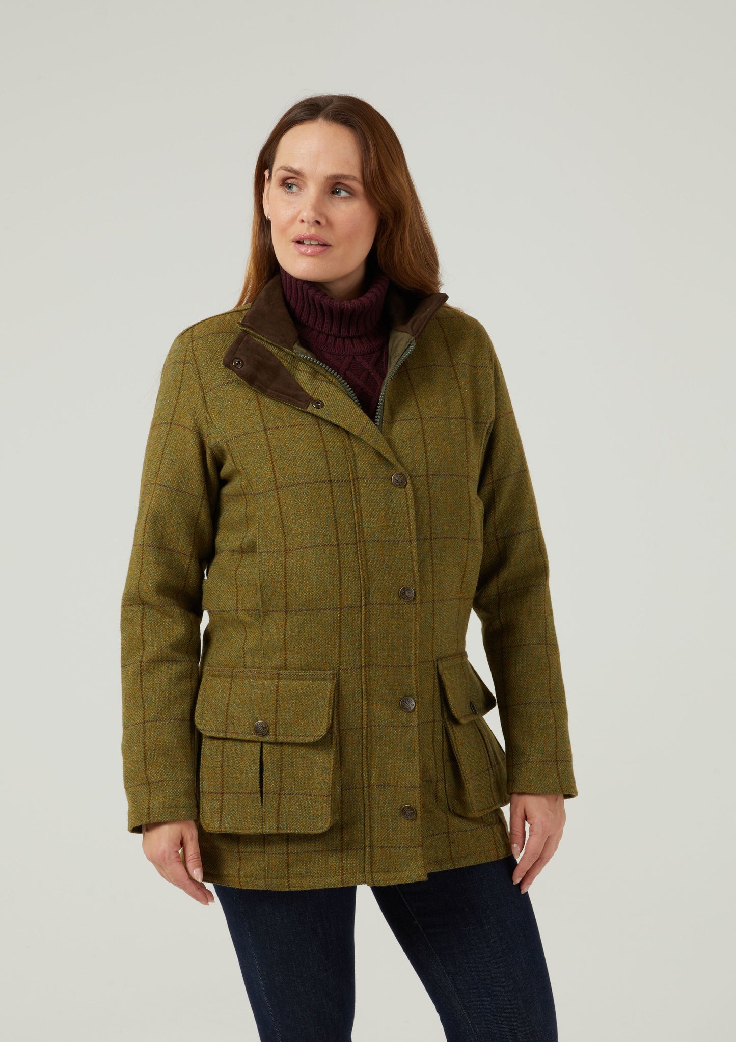 Rutland Ladies Tweed Waterproof Shooting Coat In Lichen