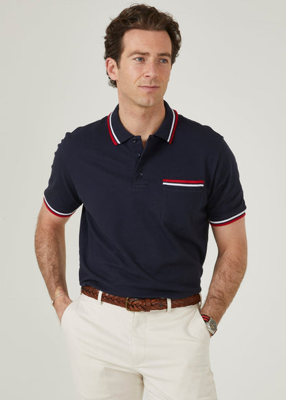 short sleeved pique polo shirt with trim in navy.