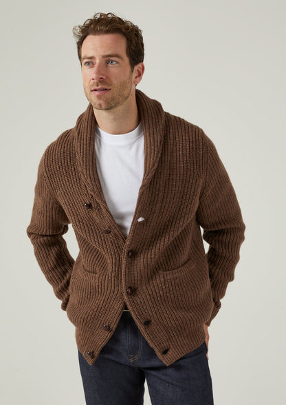 Usworth Men's Shawl Collar Lambswool Jumper In Tobacco - Regular Fit