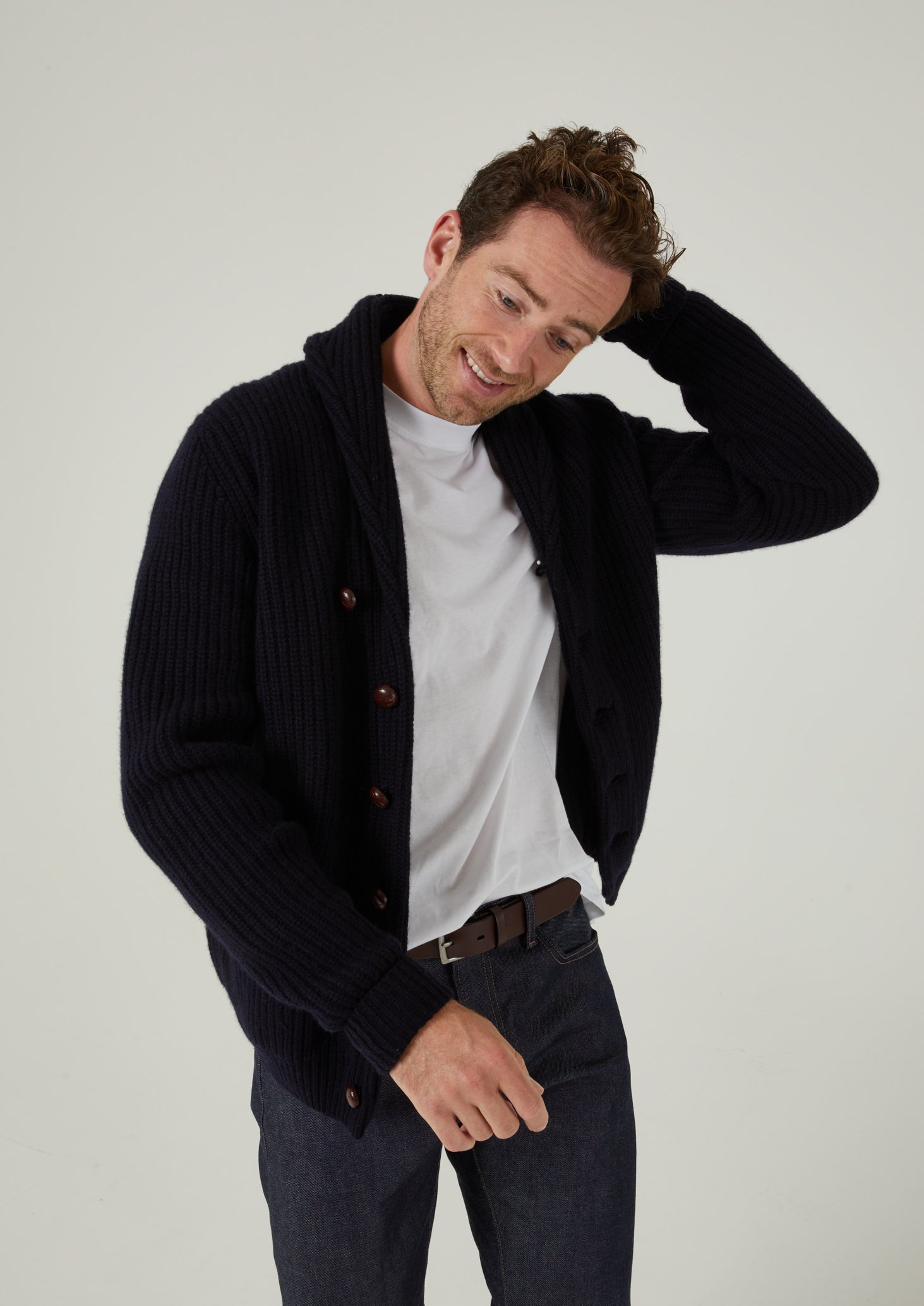 Usworth Men's Shawl Collar Lambswool Jumper In Navy