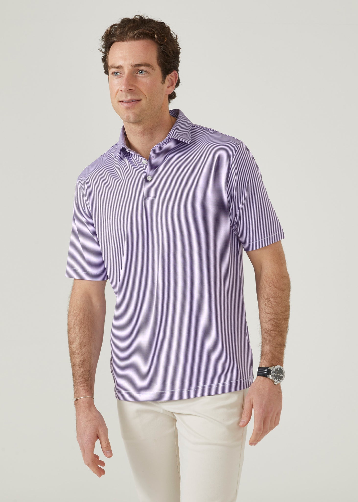 Polo shirt made from polyester with 3 button collar in plum with white stipes.