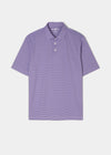 Polo shirt made from polyester with 3 button collar in plum with white stipes.